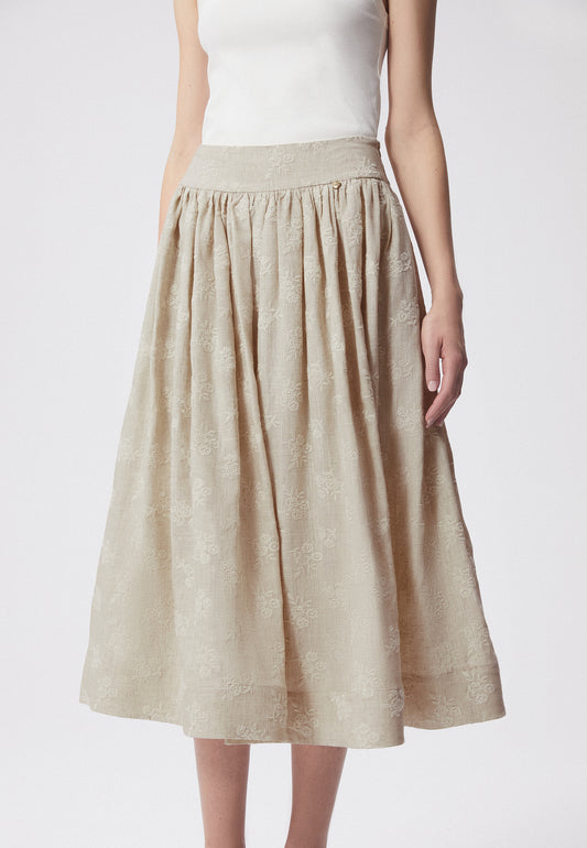 Flared midi skirt with floral embroidery LENPRA beige
