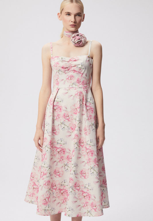 Midi dress with straps and an original floral print ERDENNIA cream