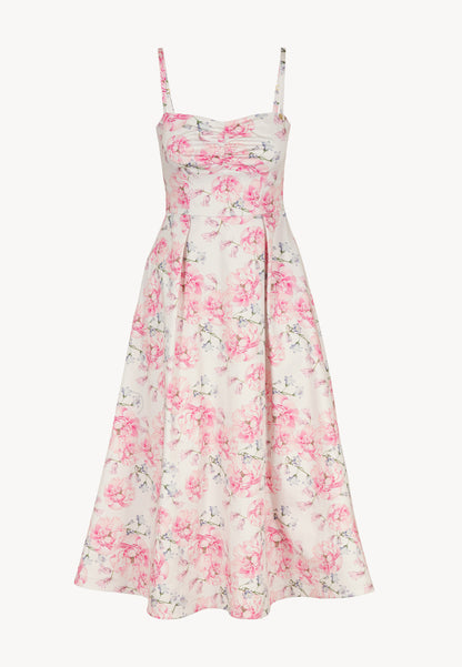 Midi dress with straps and an original floral print ERDENNIA cream