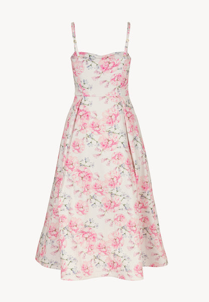 Midi dress with straps and an original floral print ERDENNIA cream