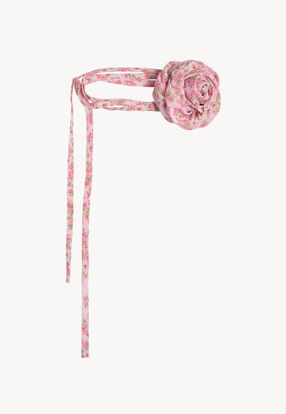 Brooch in the shape of a rose with a long sash and floral print ROSIE