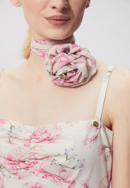 Brooch in the shape of a rose with a long sash and floral print ROSIE cream