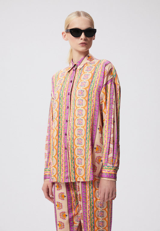 Viscose shirt with an oriental floral print and an elongated back LIENAM