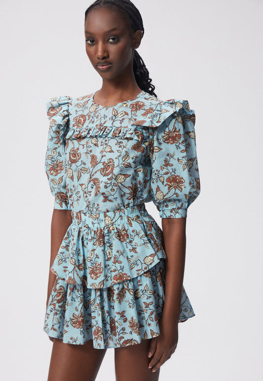 Women's floral blouse with ruffles and a round neckline NAIDA blue