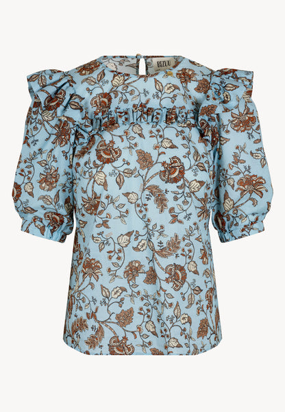 Women's floral blouse with ruffles and a round neckline NAIDA blue