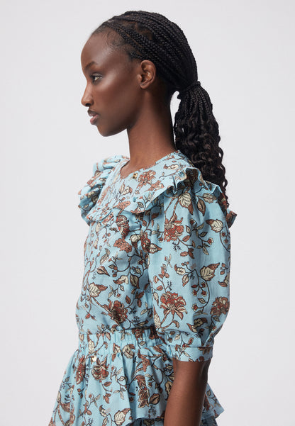 Women's floral blouse with ruffles and a round neckline NAIDA blue