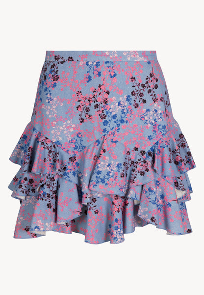 Mini skirt with ruffles and silk in floral print ANAIS blue
