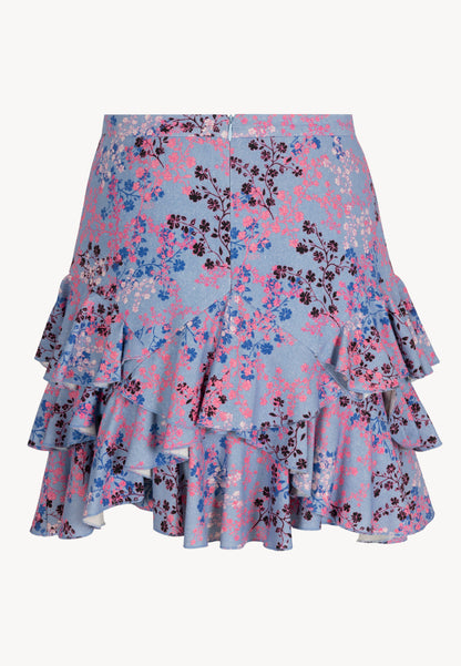 Mini skirt with ruffles and silk in floral print ANAIS blue