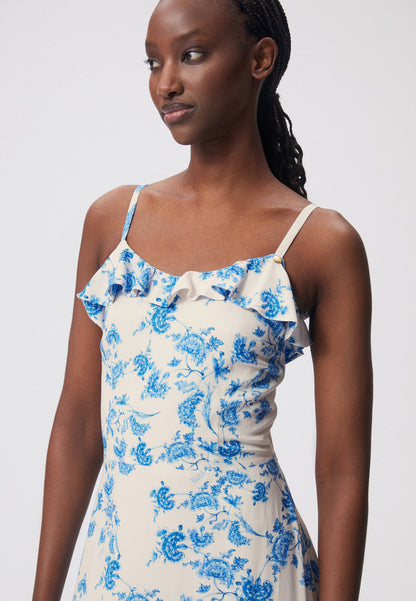 Floral dress with an asymmetrical bottom and ruffles MORELIA