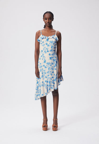 Floral dress with an asymmetrical bottom and ruffles MORELIA