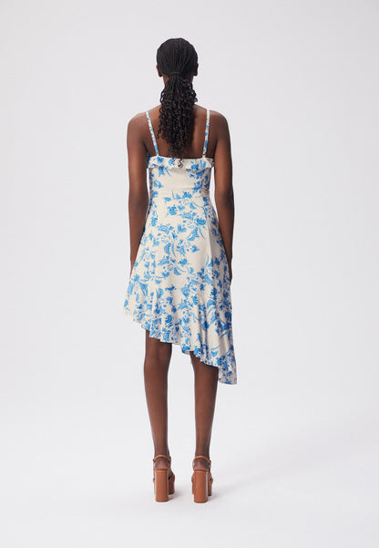 Floral dress with an asymmetrical bottom and ruffles MORELIA