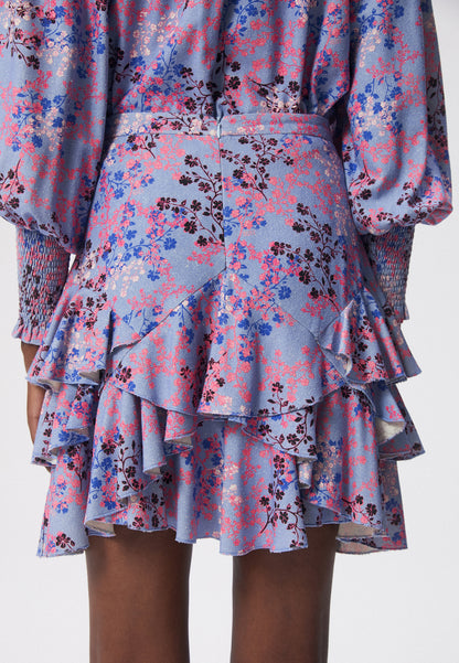 Mini skirt with ruffles and silk in floral print ANAIS blue
