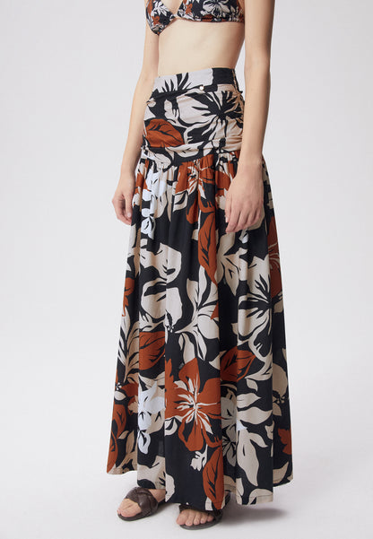 Maxi skirt in original floral cotton print, ASTURIA in black