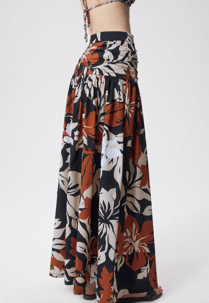 Maxi skirt in original floral cotton print, ASTURIA in black