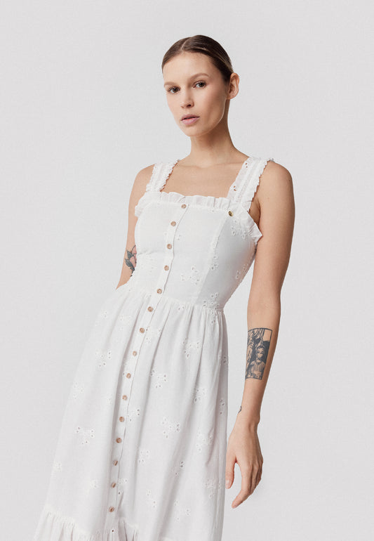Maxi dress with square neckline and English embroidery, BARCONNA in white