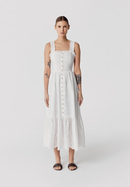 Maxi dress with square neckline and English embroidery, BARCONNA in white