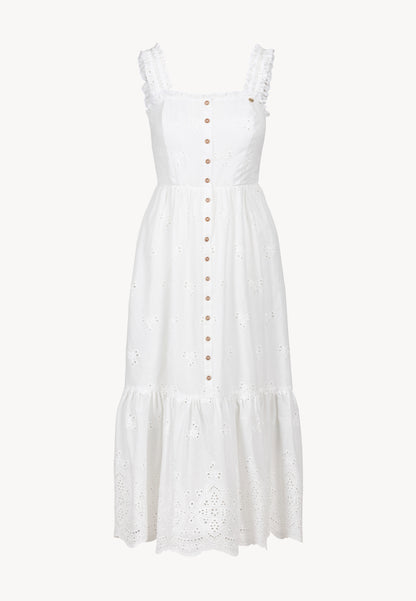 Maxi dress with square neckline and English embroidery, BARCONNA in white