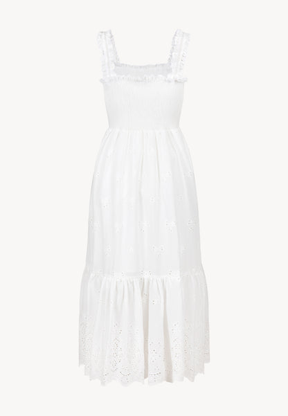 Maxi dress with square neckline and English embroidery, BARCONNA in white