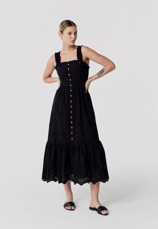 Midi dress with wide straps and English embroidery, BARCONNA in black