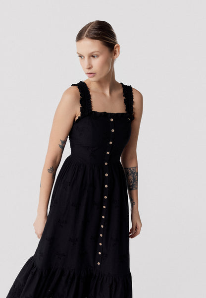 Midi dress with wide straps and English embroidery, BARCONNA in black