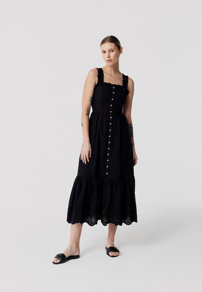 Midi dress with wide straps and English embroidery, BARCONNA in black