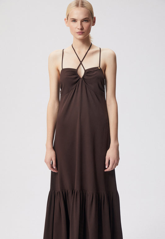 Maxi dress with neck tie straps, BUENAVITA in brown