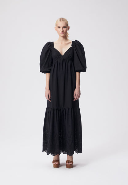 Maxi dress with a heart-shaped neckline and puffy sleeves, LACHI in black