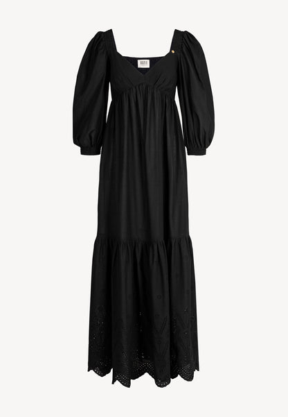 Maxi dress with a heart-shaped neckline and puffy sleeves, LACHI in black