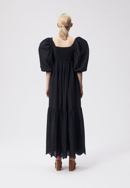 Maxi dress with a heart-shaped neckline and puffy sleeves, LACHI in black