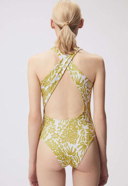 One-piece swimsuit in original print with a round neckline, LOSSA in green