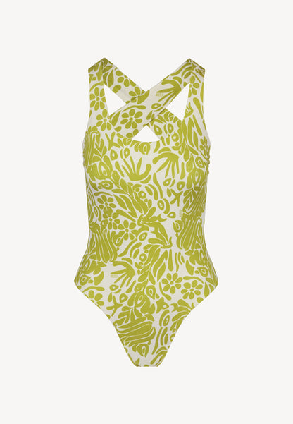 One-piece swimsuit in original print with a round neckline, LOSSA in green