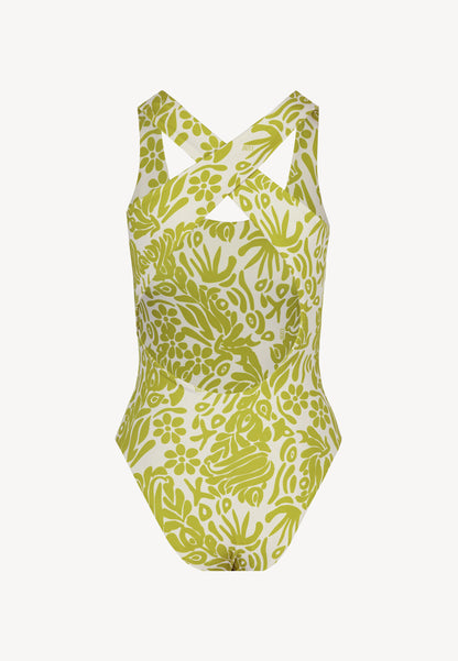 One-piece swimsuit in original print with a round neckline, LOSSA in green