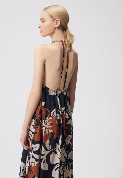 Maxi dress with original floral design and open back, MARMIE in black