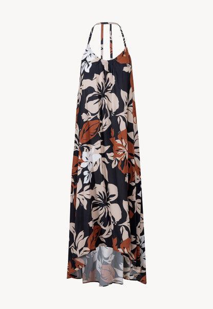 Maxi dress with original floral design and open back, MARMIE in black