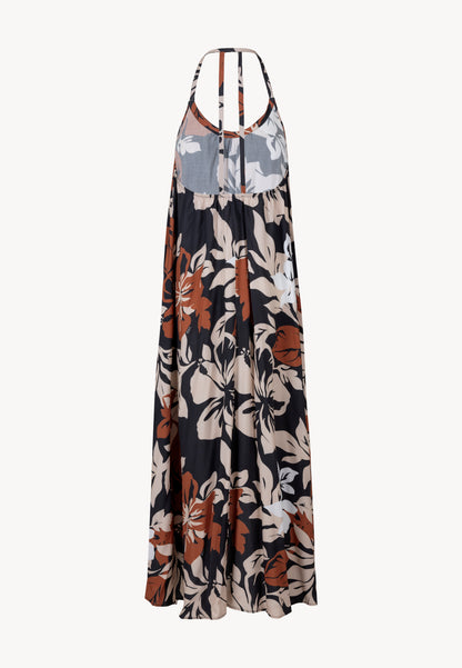 Maxi dress with original floral design and open back, MARMIE in black