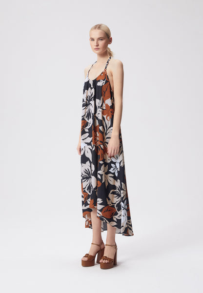 Maxi dress with original floral design and open back, MARMIE in black
