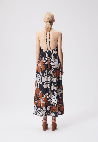 Maxi dress with original floral design and open back, MARMIE in black