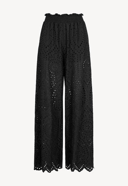 Women's pants with wide legs and English embroidery, MINDORO in black