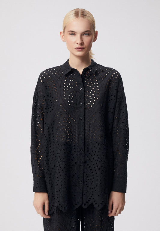 Oversized women's shirt with English embroidery and logo buttons, NAVA in black