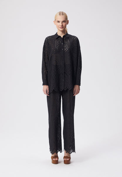 Oversized women's shirt with English embroidery and logo buttons, NAVA in black