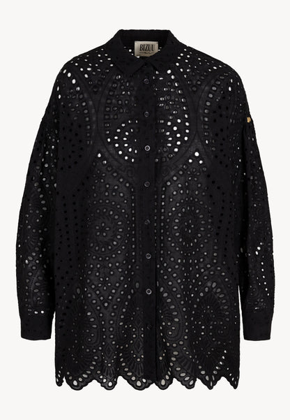 Oversized women's shirt with English embroidery and logo buttons, NAVA in black