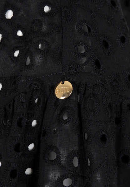 Oversized women's shirt with English embroidery and logo buttons, NAVA in black