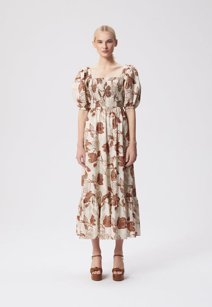 Maxi dress with puffy sleeves and a flared bottom, MUNIA in beige