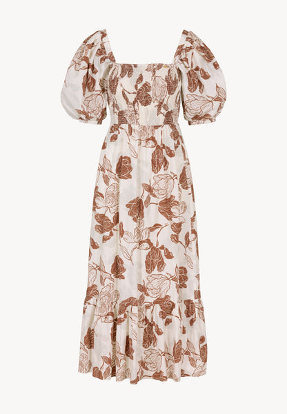 Maxi dress with puffy sleeves and a flared bottom, MUNIA in beige