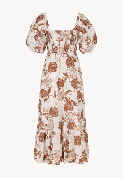 Maxi dress with puffy sleeves and a flared bottom, MUNIA in beige