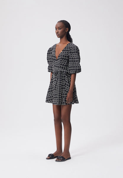 Mini wrap dress with a belt and English embroidery, TULATI in black