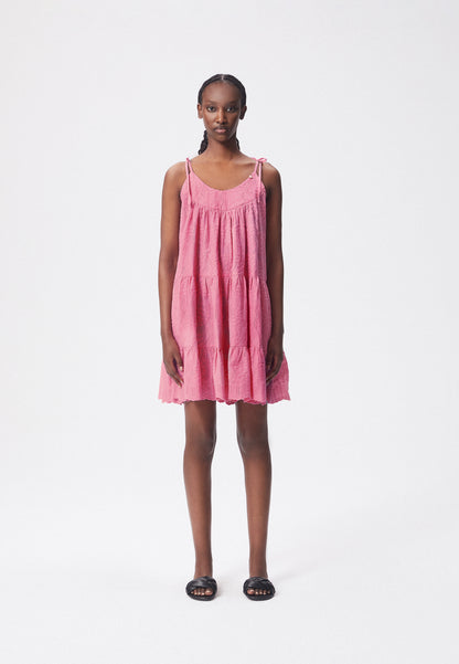 Trapeze dress with English embroidery and straps, TOCAYO in pink