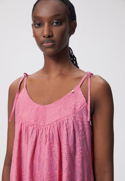 Trapeze dress with English embroidery and straps, TOCAYO in pink