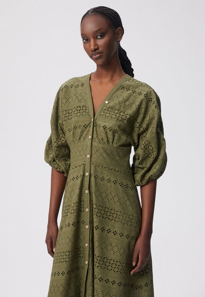 Midi dress with a V-neck, buttons, and 3/4 sleeves, REPOSA in khaki