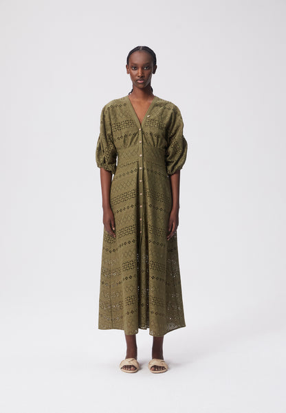 Midi dress with a V-neck, buttons, and 3/4 sleeves, REPOSA in khaki